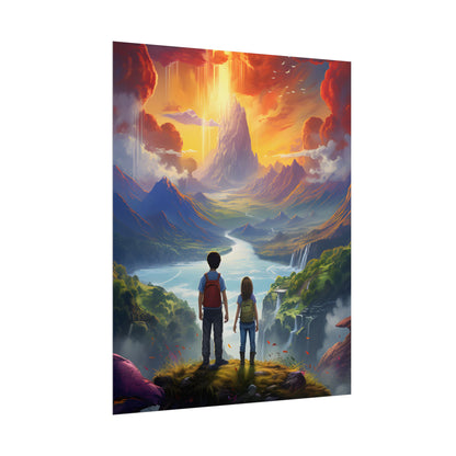 Girl, Boy, Meadow: A Peaceful Cloudy Day Artwork - Poster
