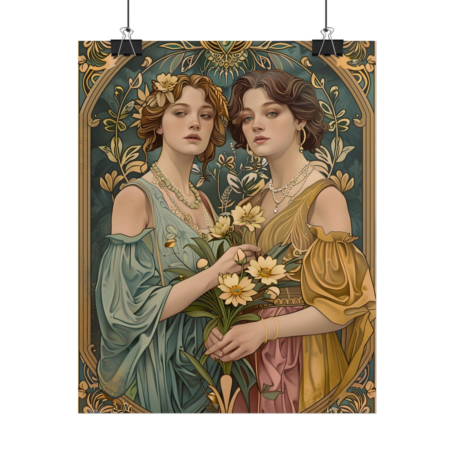 Two Women in Ornate Attire Holding Primr: Traditional Turkish Artwork - Poster