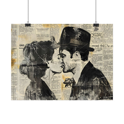 Vintage Romance Couples: Newsprint Artwork - Intimate Moments - Poster