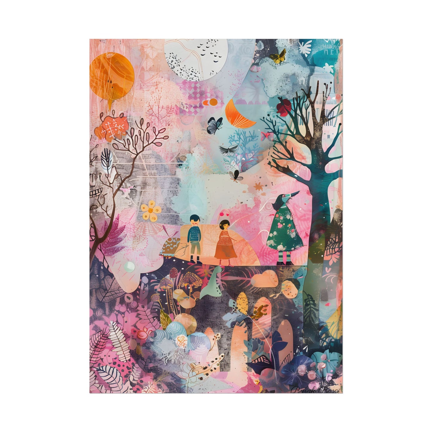 Colorful Whimsy: Blue Fish, Yellow Bird, Pink Cat Art Collage - Poster