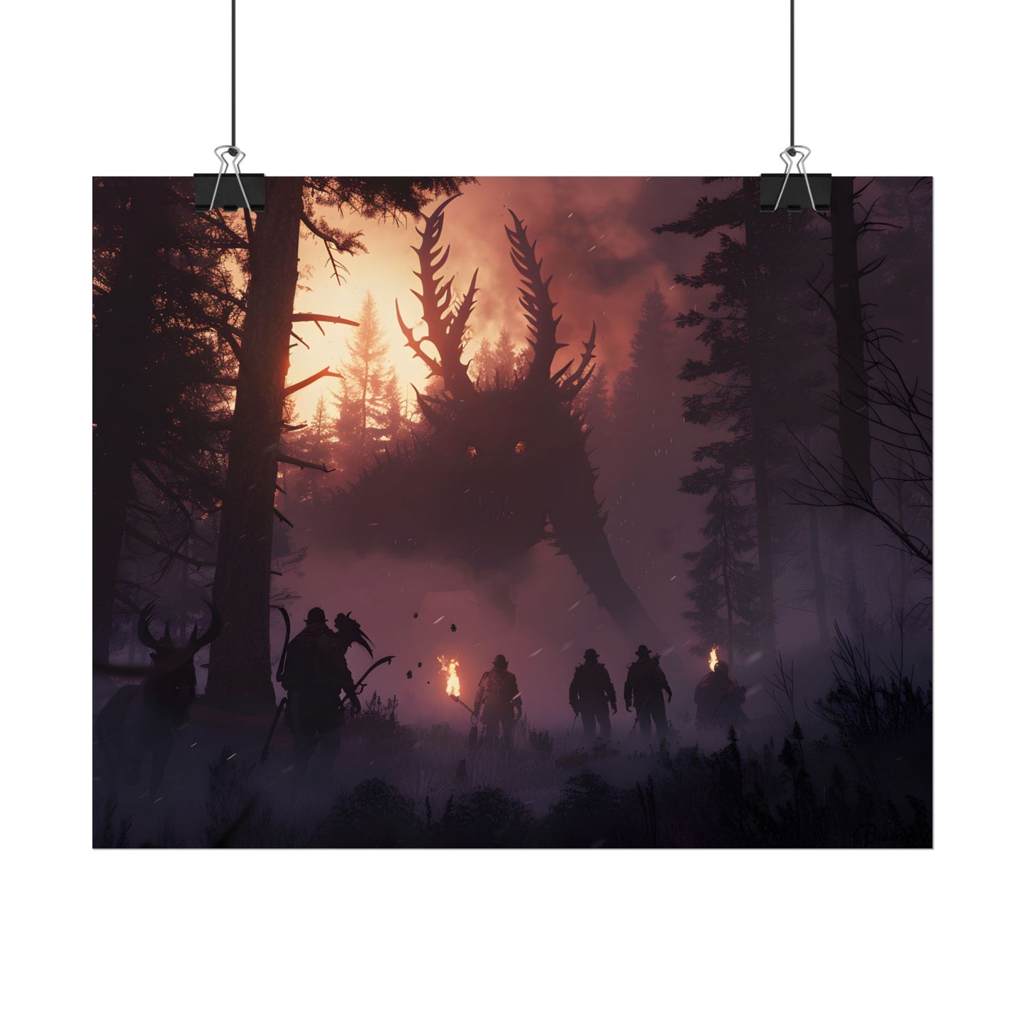 Serene Forest Sunset: Group Walking Through Misty Landscape - Poster