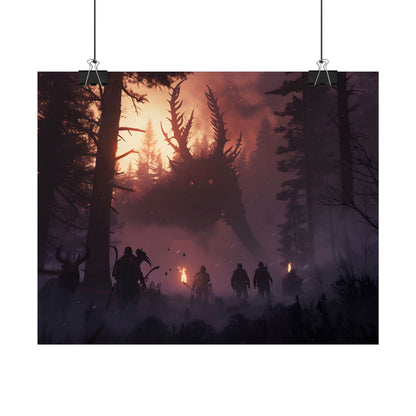 Serene Forest Sunset: Group Walking Through Misty Landscape - Poster