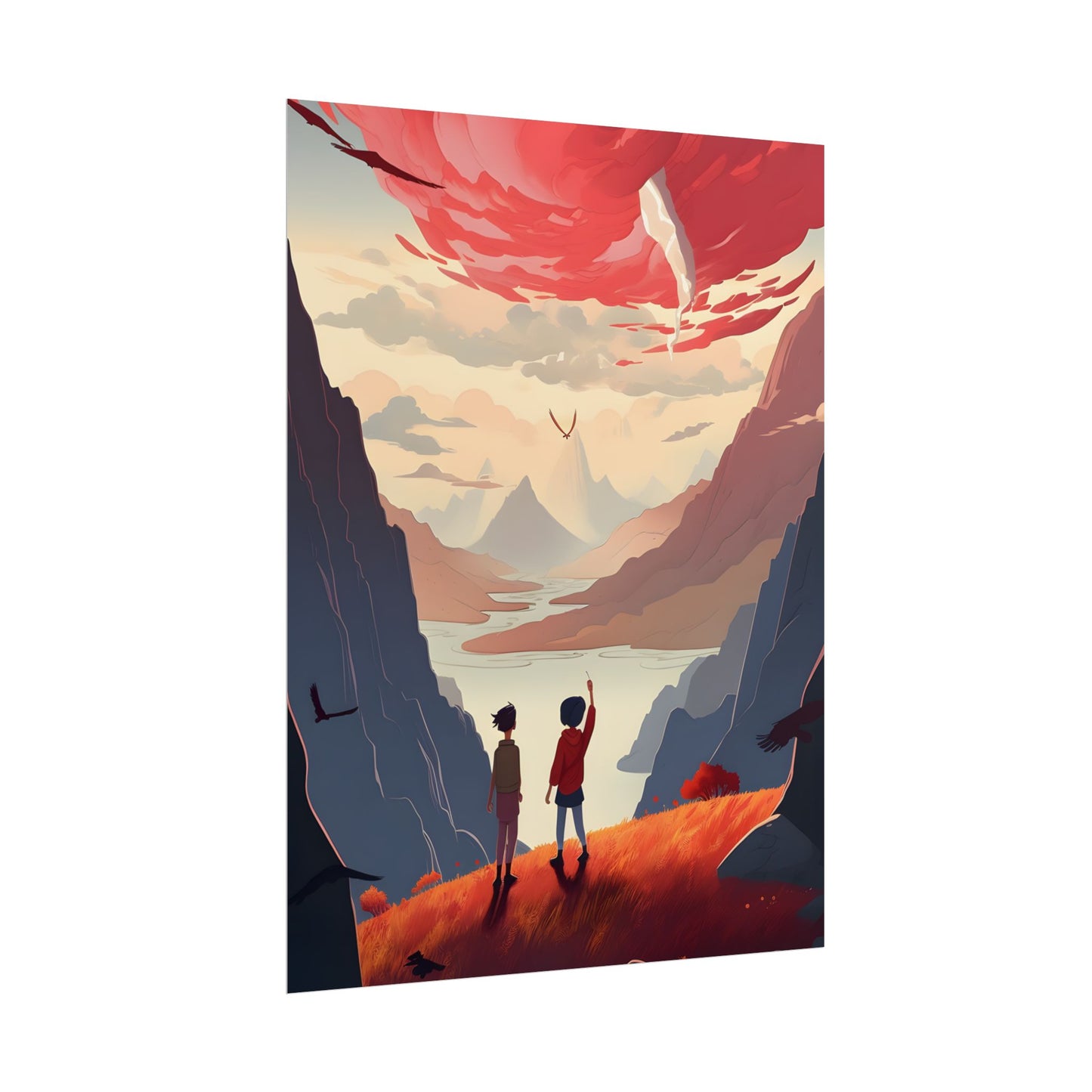 Serene Meadow Scene: Girl & Boy Under Cloudy Sky - Poster
