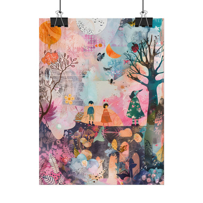 Colorful Whimsy: Blue Fish, Yellow Bird, Pink Cat Art Collage - Poster