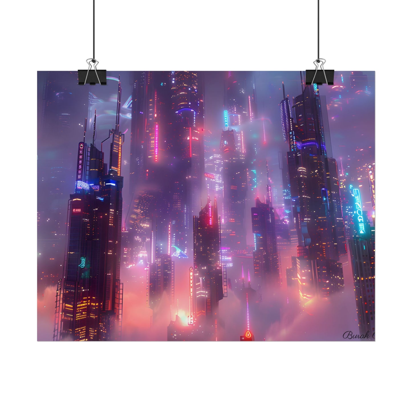 Neon Futuristic Cityscape: Graphic Modern Art - Poster