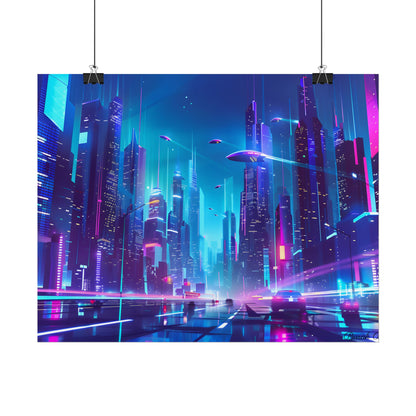 Futuristic Neon City: Towering Skyscrapers in a Vibrant Nighttime Sky - Poster