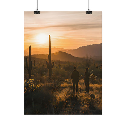 Desert Sunset Serenity: Two Friends Standing Together - Poster