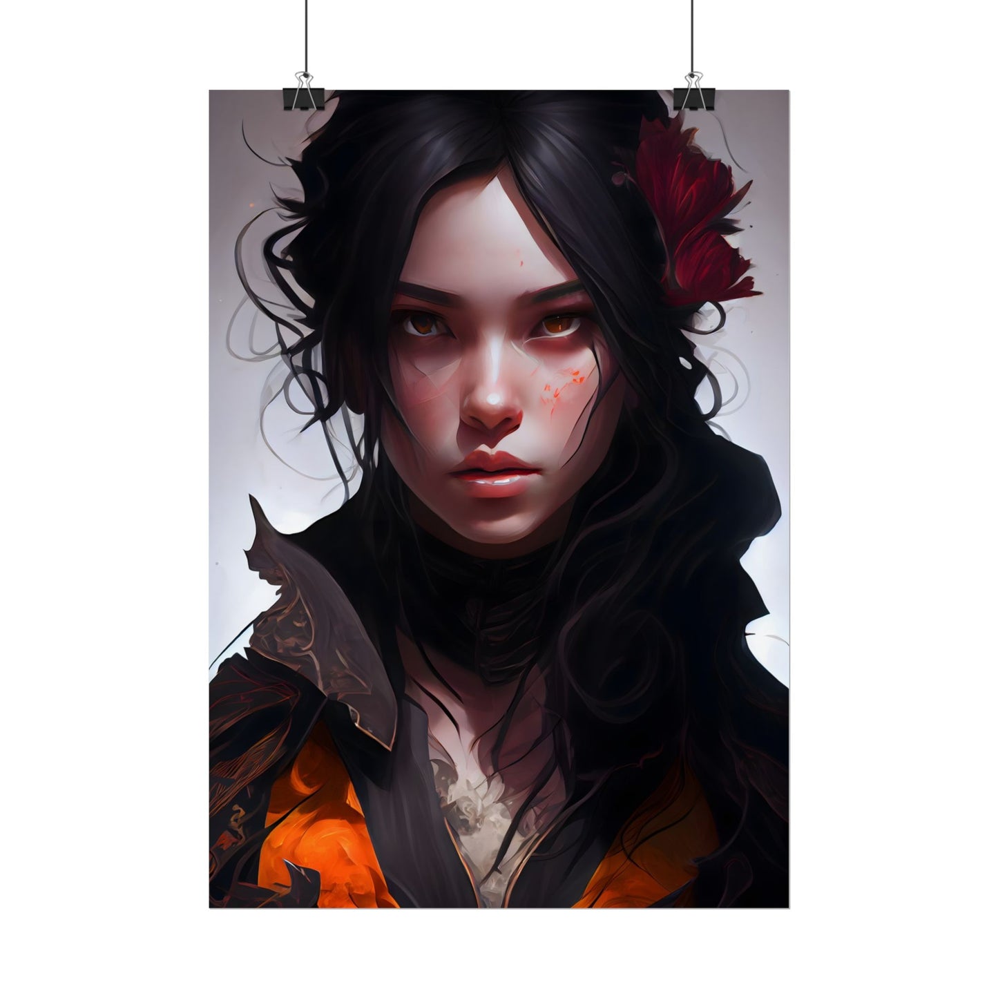 Black Hair Female Portrait: Elegant Dress Artwork - Poster