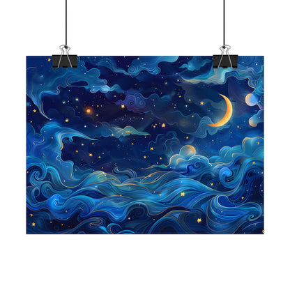 Whimsical Dreamy Night Sky: Stars, Moon, and Shooting Star - Poster