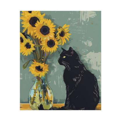 Whispers in the Sun: A Black Cat's Serene Moment with Sunflowers - Poster