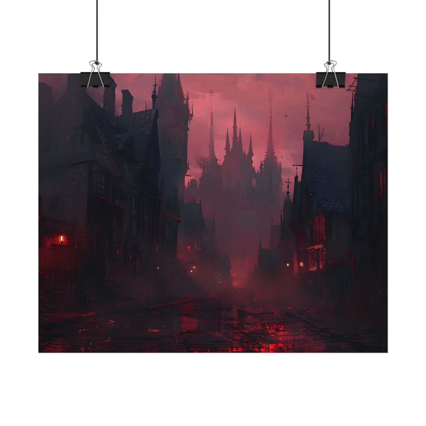Dark Gothic Cityscape: A Serene Misty Dusk Scene - Poster