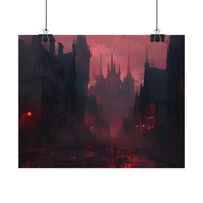 Dark Gothic Cityscape: A Serene Misty Dusk Scene - Poster
