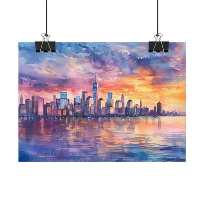 Serene NYC Sunset: Watercolor Skyline Reflections - Poster
