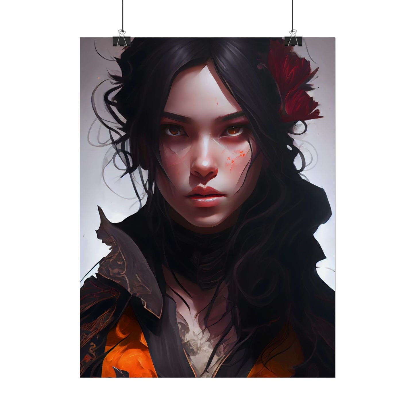 Black Hair Female Portrait: Elegant Dress Artwork - Poster