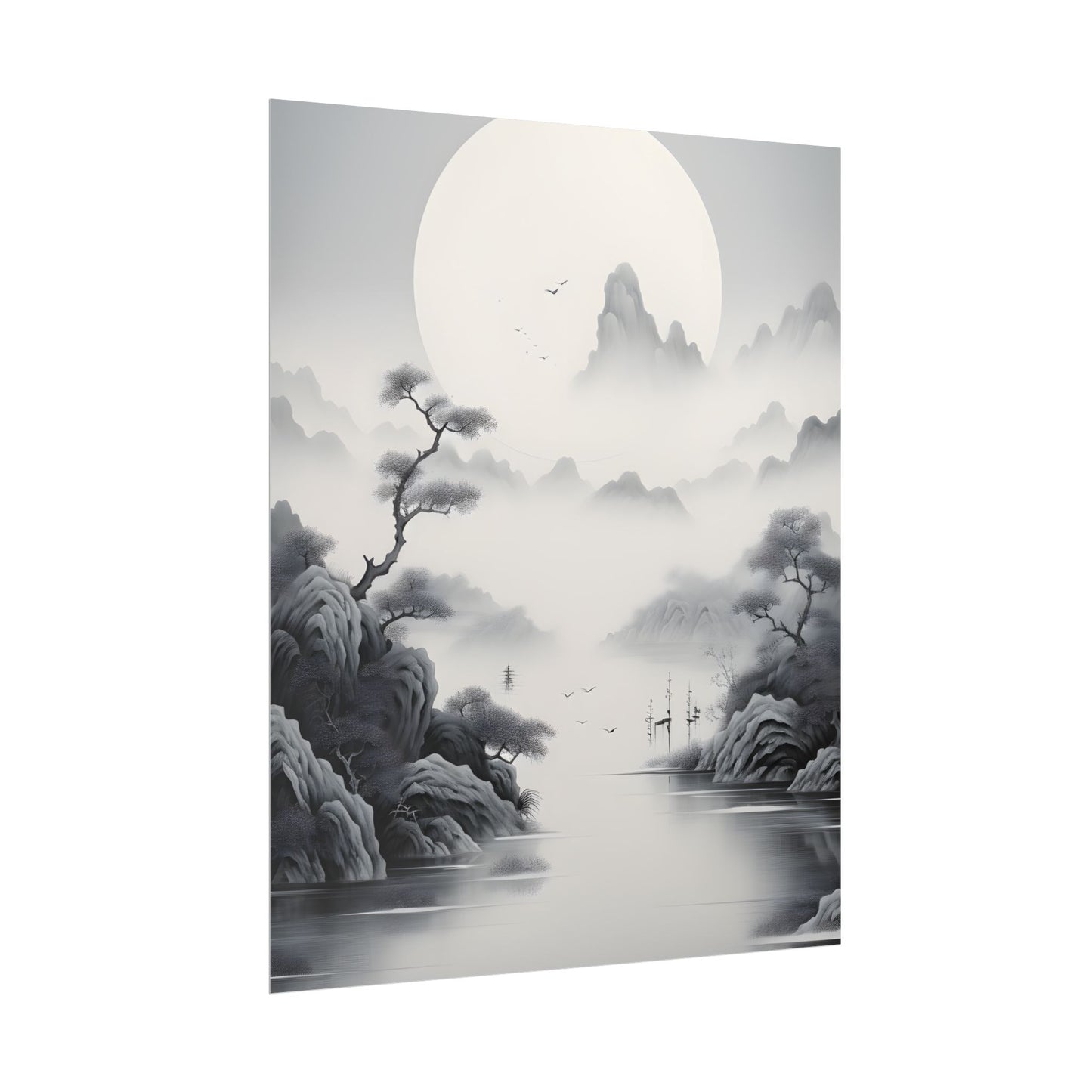 Chinese Ink Mirror Landscape: Serene Artwork - Poster