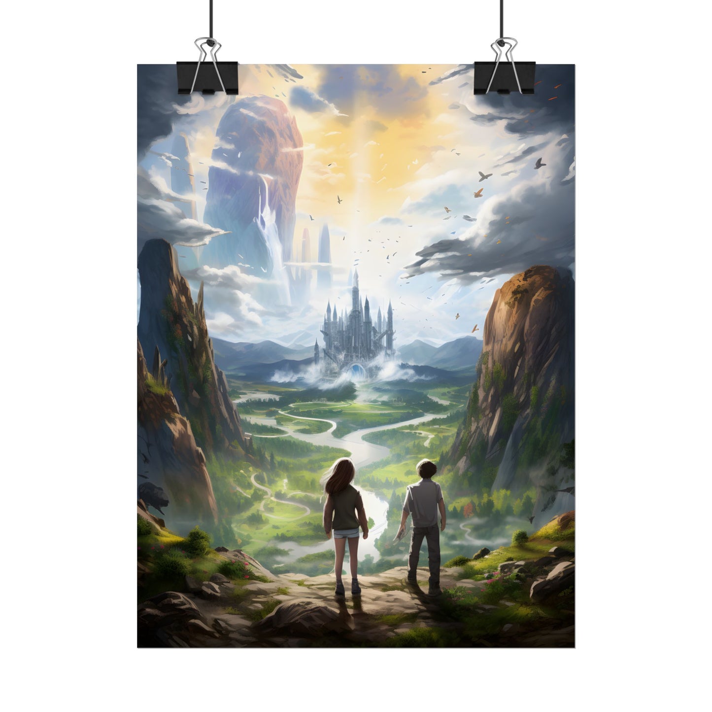 Girl and Boy in Serene Meadow: A Moment on Cloudy Hill - Poster