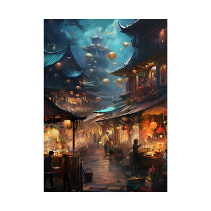 Enchanted Street Food Market: Vibrant Evening Artwork - Poster