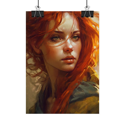 Elegant Redhead Portrait: Serious Female Artwork - Poster