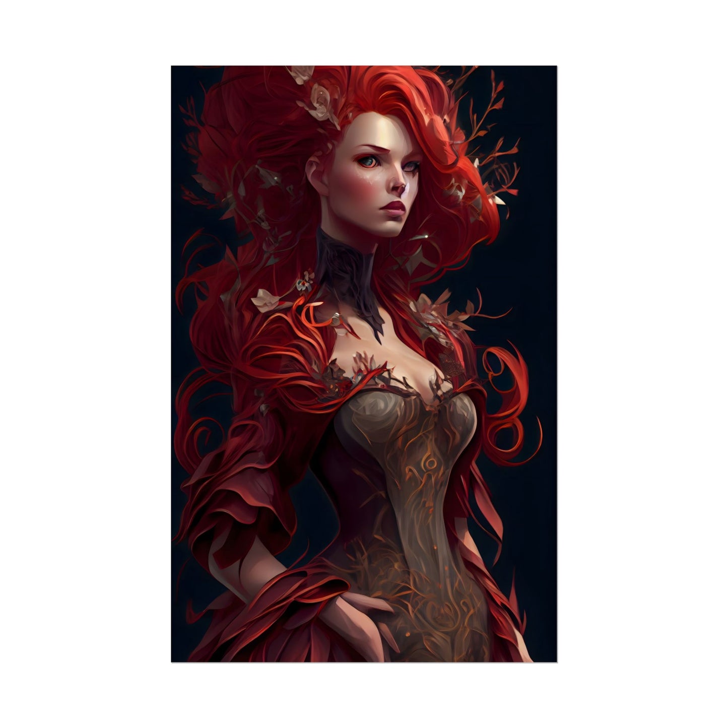 Red Hair Portrait: Elegant Female in Black Dress - Poster