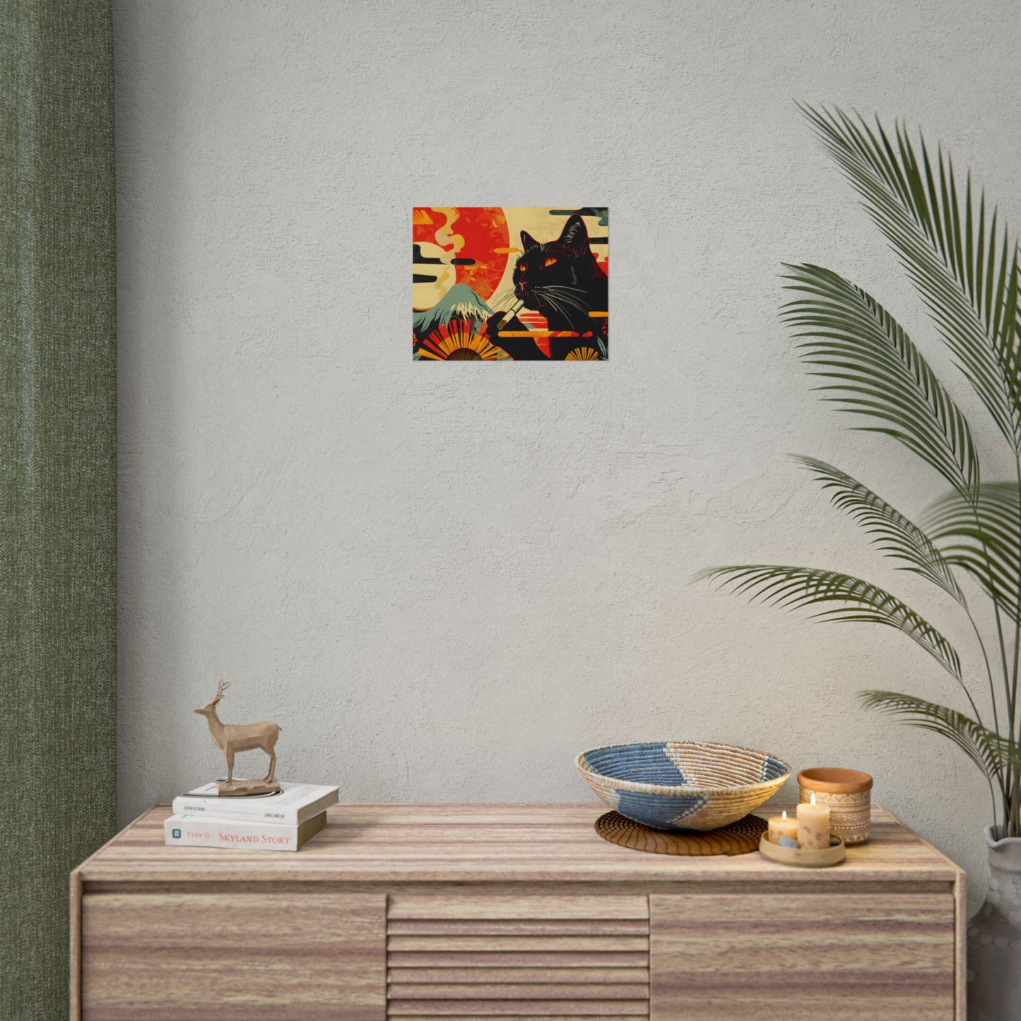 Whimsical Cat Smoking: Red & White Stripe Artwork - Poster
