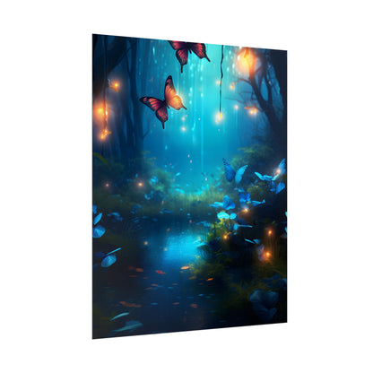 Moonlit Night Forest: Glowing Foggy Fantasy Bokeh Art - Poster