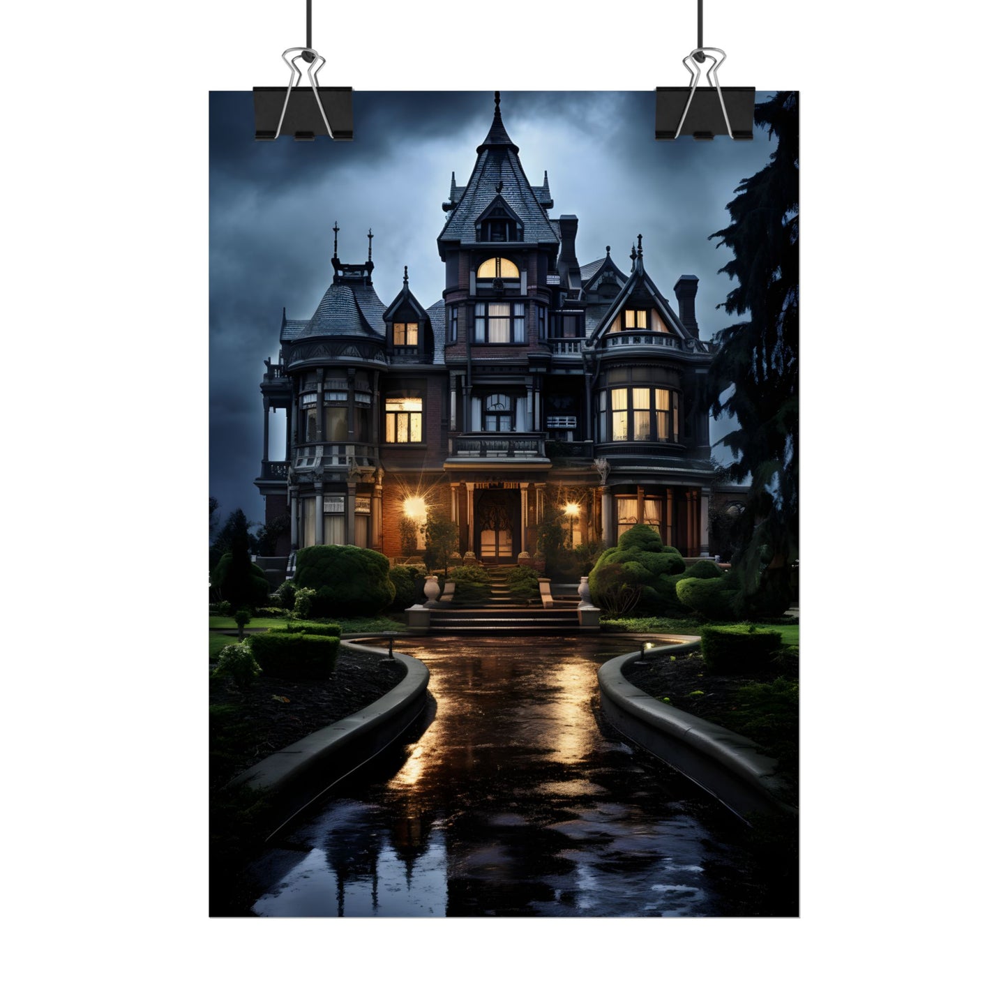 Haunted Victorian Mansion: Spooky Stormy Night Art - Poster