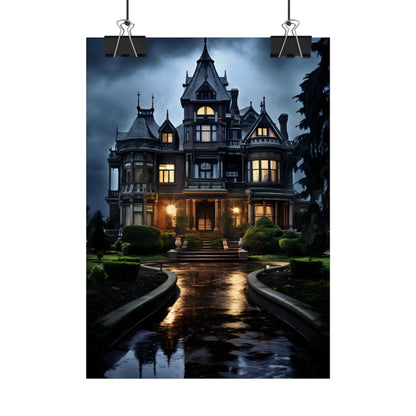 Haunted Victorian Mansion: Spooky Stormy Night Art - Poster