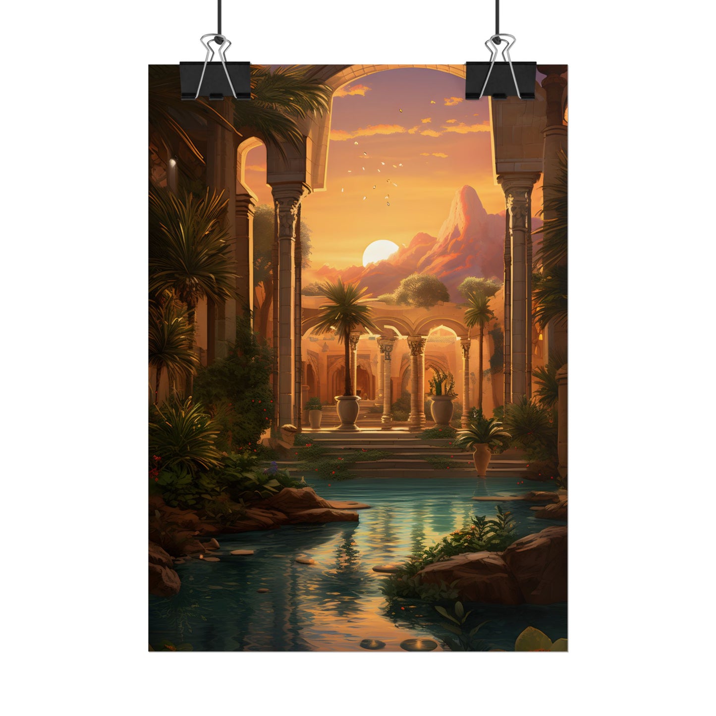 Desert Oasis at Sunset: Magical Desert Artwork - Poster