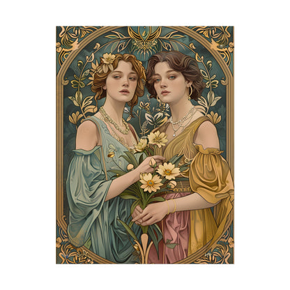 Two Women in Ornate Attire Holding Primr: Traditional Turkish Artwork - Poster