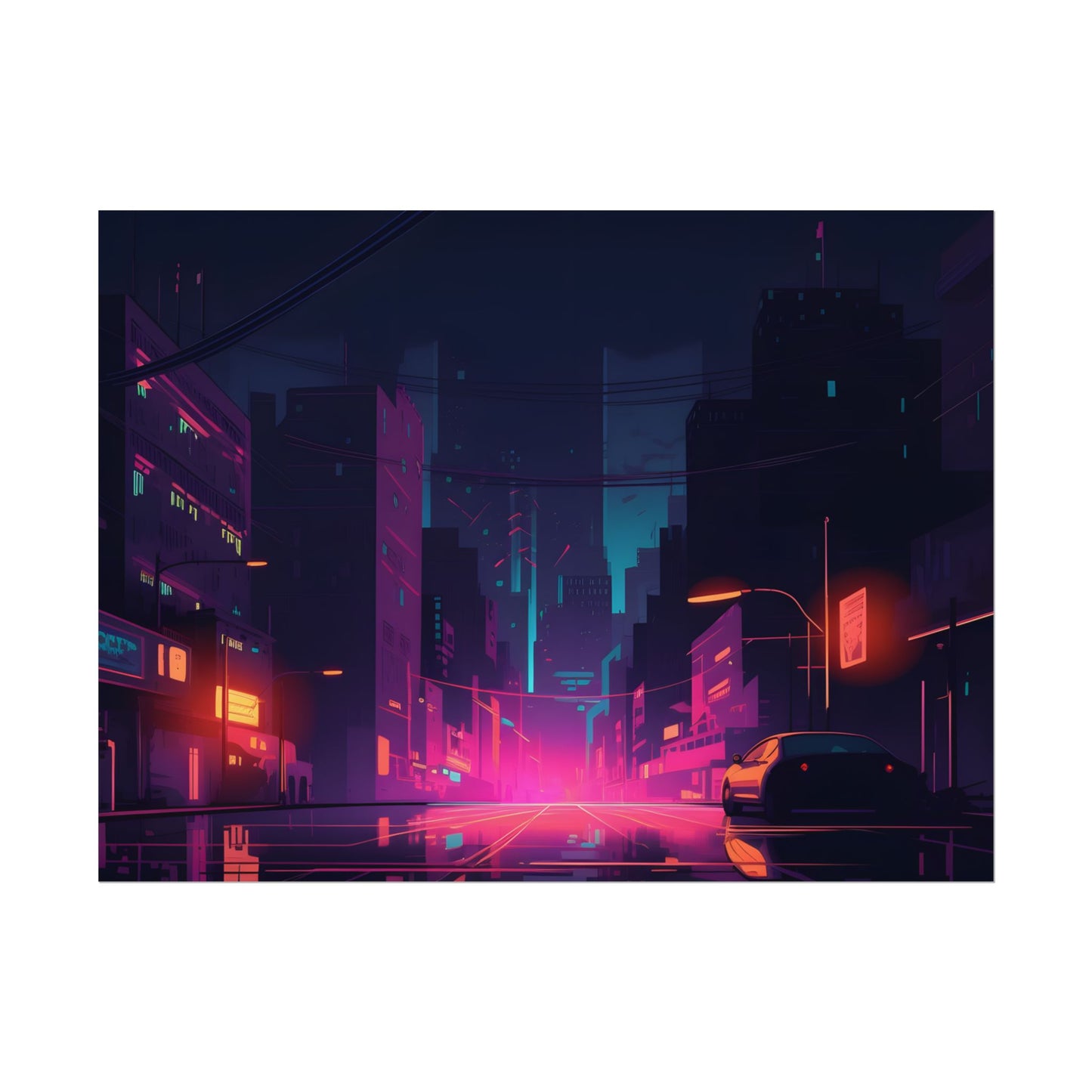 Cyberpunk Night: Moody Cityscape with Unique Architecture - Poster