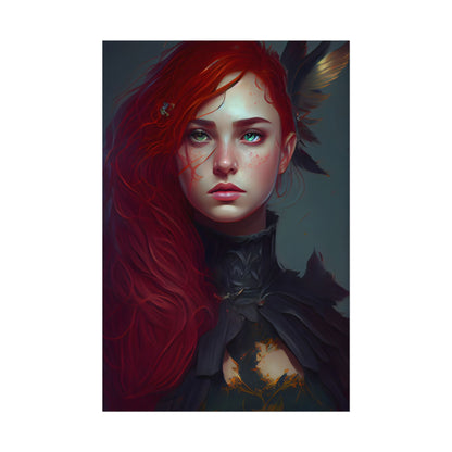 Vibrant Female Portrait: Red Hair Beauty in Neutral Dress - Poster