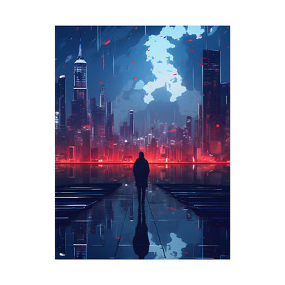 Cyberpunk Night Cityscape: A Melancholic Moment - Poster