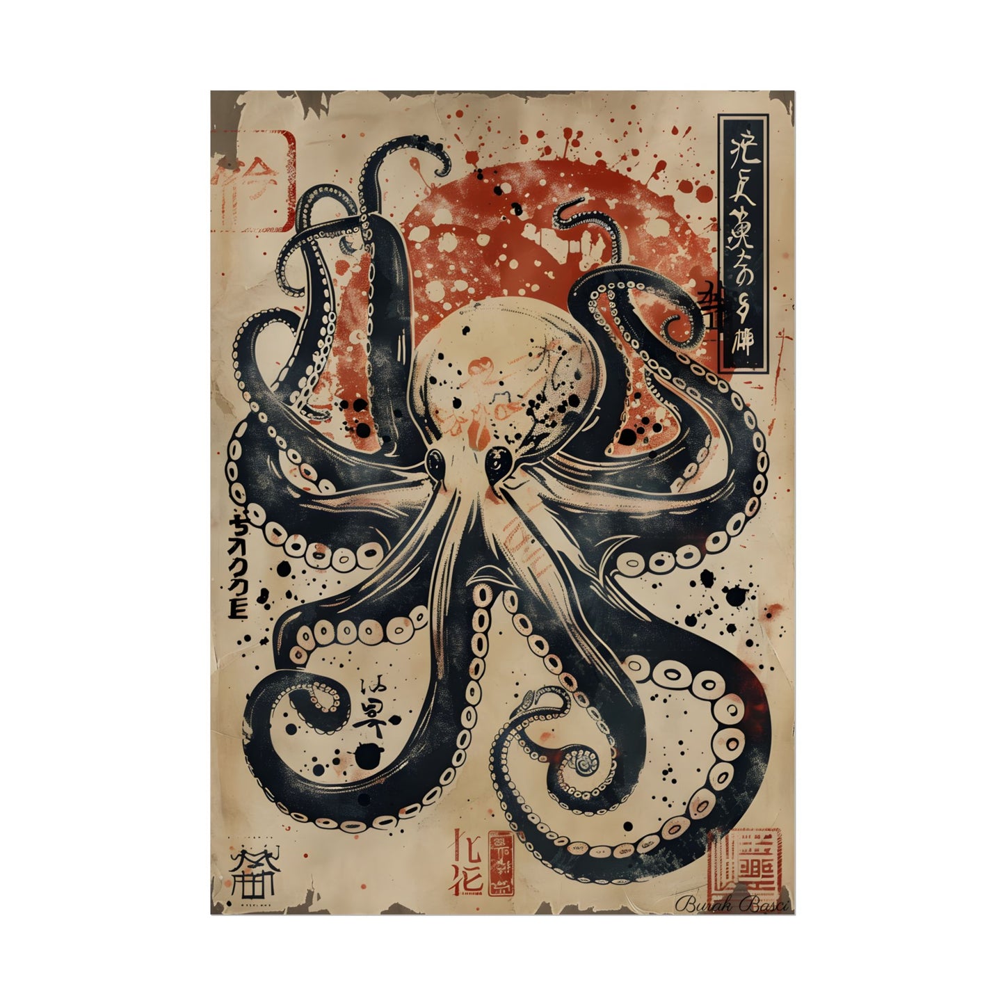 Stylized Octopus: Vibrant Japanese Ukiyo-E Artwork - Poster
