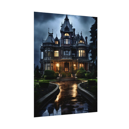 Haunted Victorian Mansion: Spooky Stormy Night Art - Poster