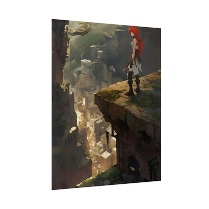 Anime Birds Eye View: Red Haired Female in Action Fantasy Scene - Poster