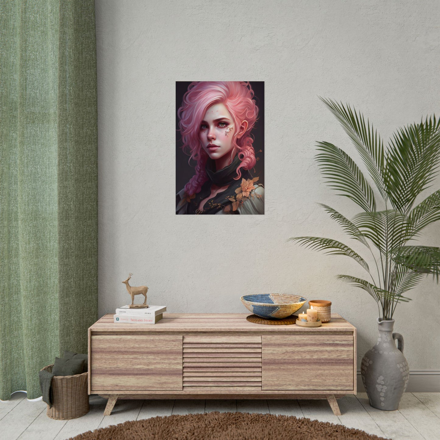 Astonishing Female Portrait: Vibrant Pink Hair in Dark Elegance - Poster