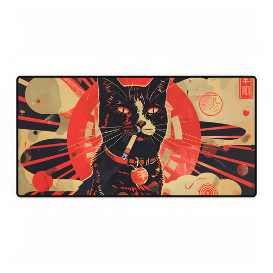 Vintage Whimsy: Cat Smokes Cigarette on Blue Background - Desk Mat