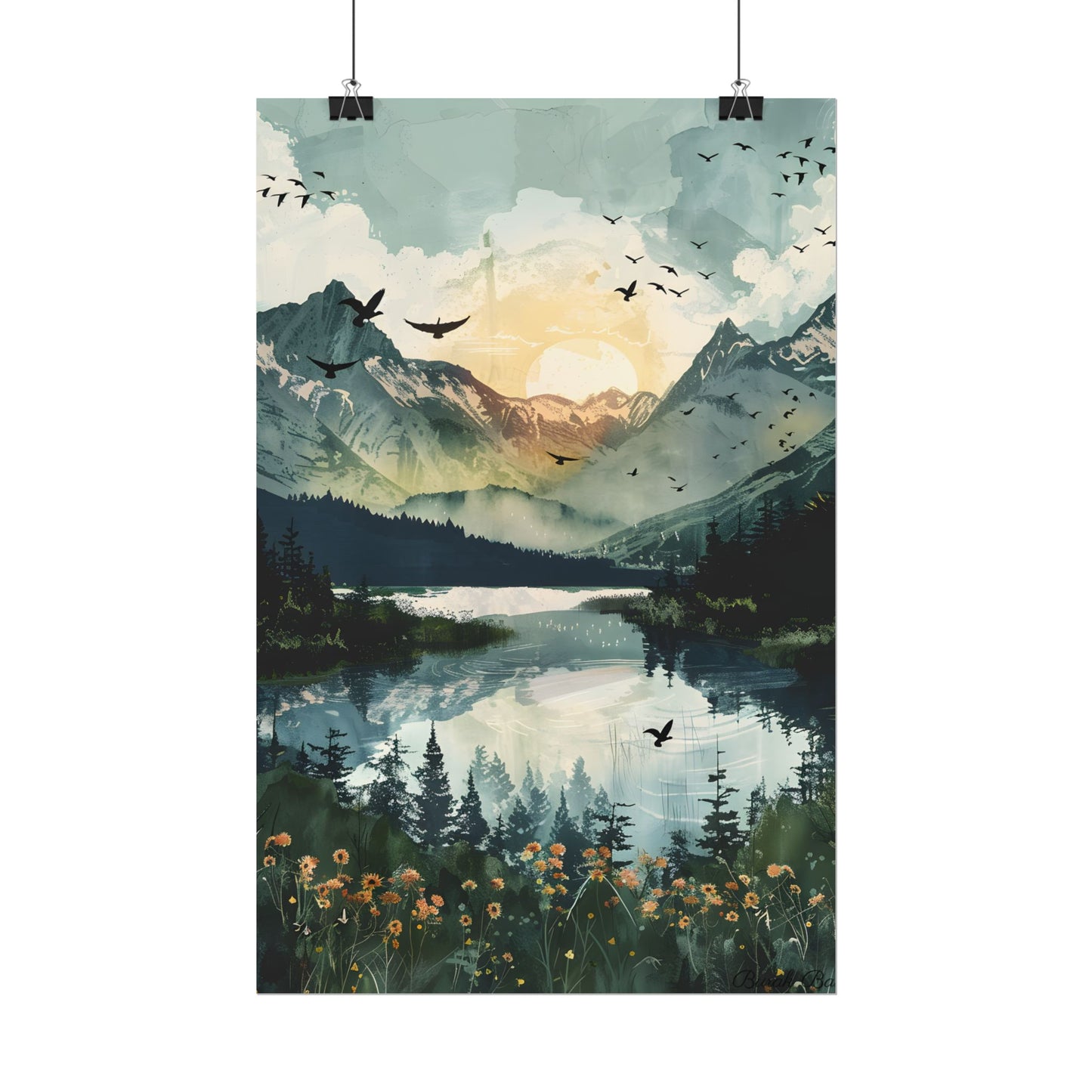 Serene Mountain Lake: Birds in Flight - Natural Art - Poster