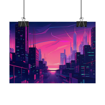 Melancholic Cyberpunk Cityscape: Neon Night Digital Art - Poster