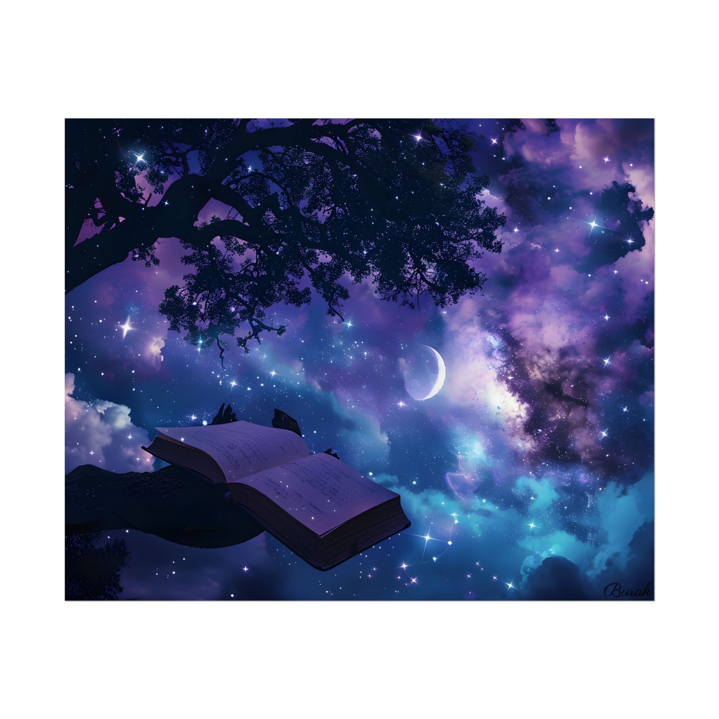 Mystical Night Sky: Celestial Dreams with Crescent Moon Art - Poster
