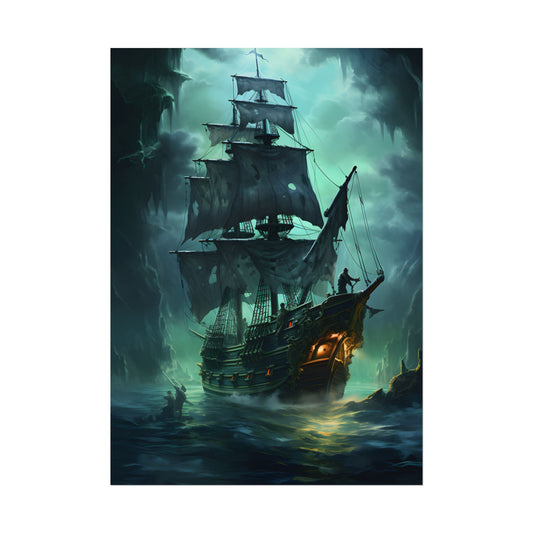Ghostly Pirate Ship Sailing on Ocean: Eerie Artwork - Poster