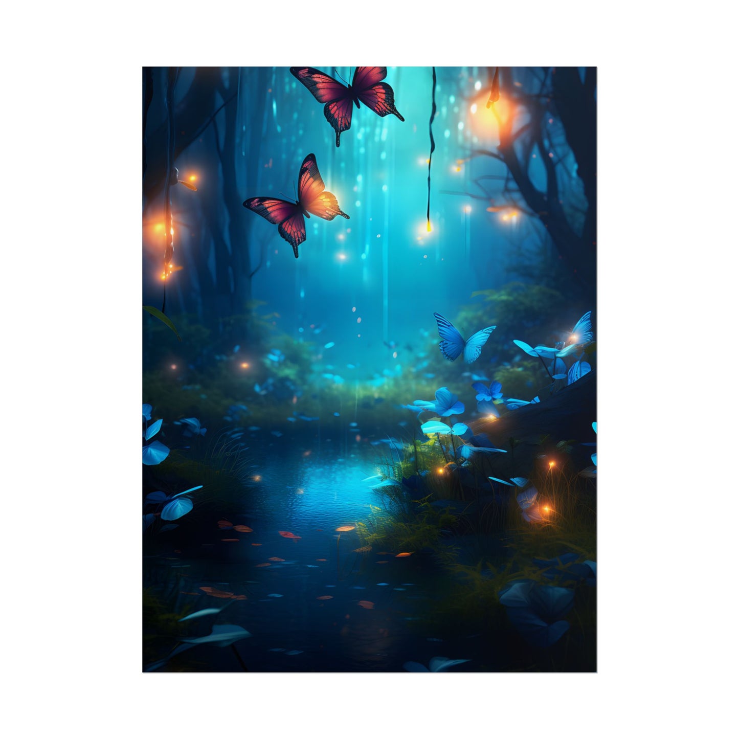 Moonlit Night Forest: Glowing Foggy Fantasy Bokeh Art - Poster