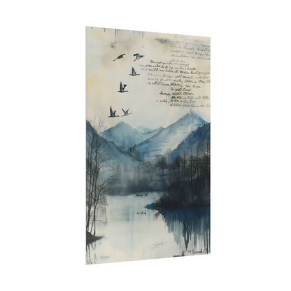 Nature's Serenity: Mountain Lake Birds in Flight Artwork - Poster