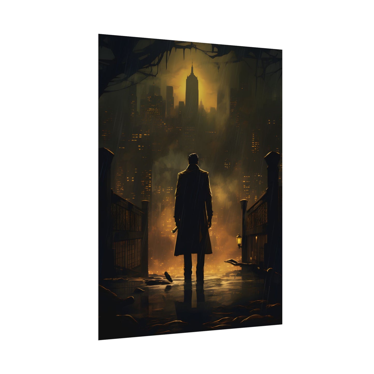 Urban Fantasy Detective: Moody City Skyline Reflection - Poster