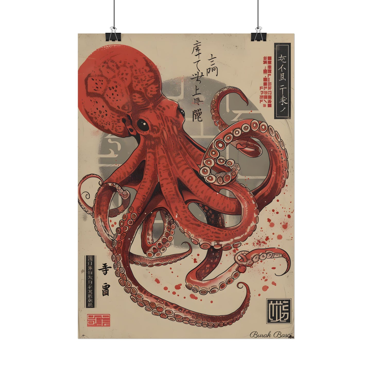 Stylized Japanese Octopus: Muted Watercolor Artwork - Poster