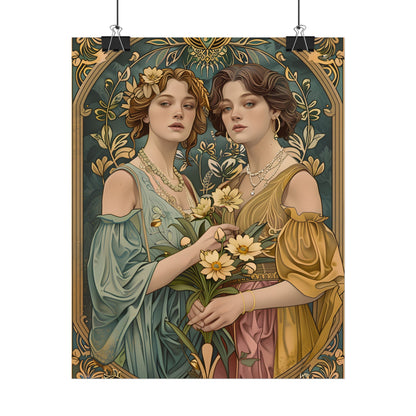 Two Women in Ornate Attire Holding Primr: Traditional Turkish Artwork - Poster