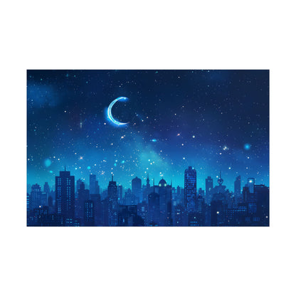Peaceful Night Sky with Crescent Moon: Starry Digital Art - Poster