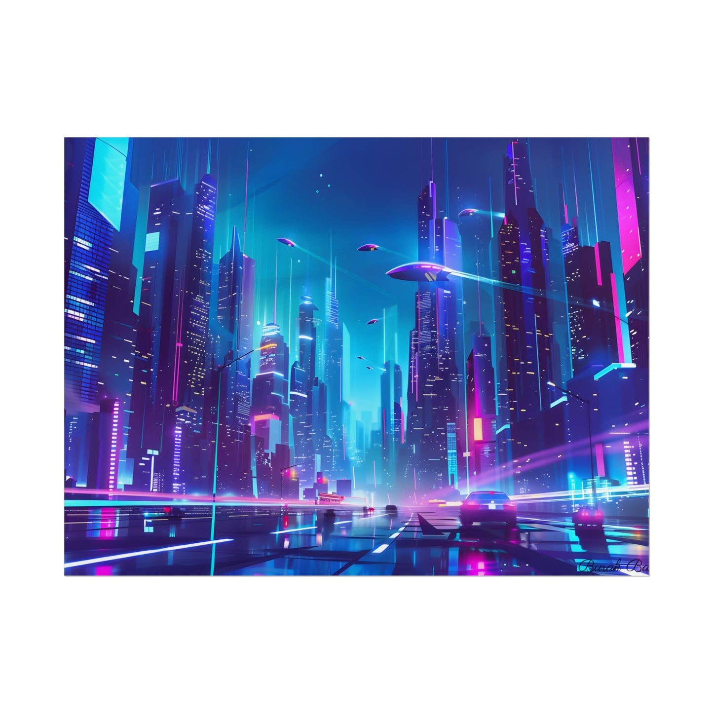 Futuristic Neon City: Towering Skyscrapers in a Vibrant Nighttime Sky - Poster