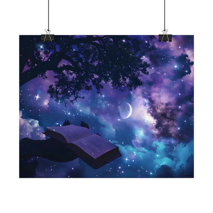 Mystical Night Sky: Celestial Dreams with Crescent Moon Art - Poster