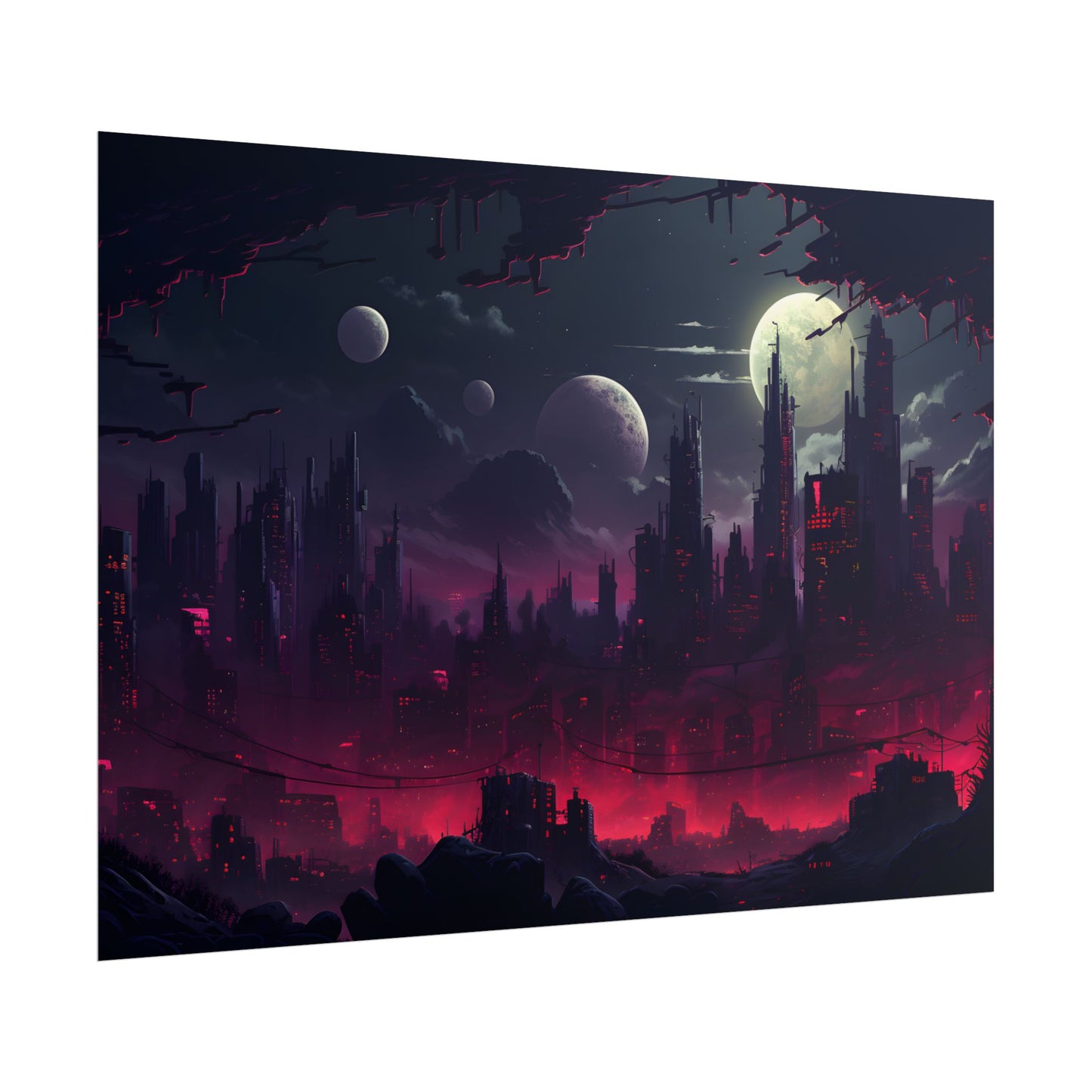 Burning Cyberpunk Cityscape at Night: Digital Art - Poster